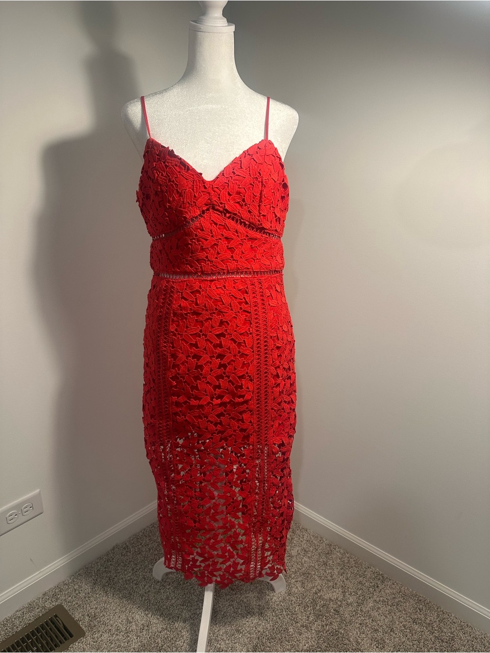 Bardot Red Lace Midi Dress with Spaghetti Straps